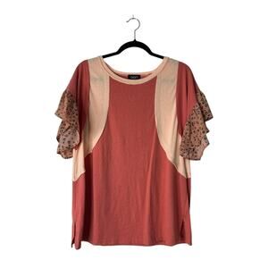 Gigio Top Size S Mixed Media Print Colorblock Short Ruffle Sleeves Boho Peasant